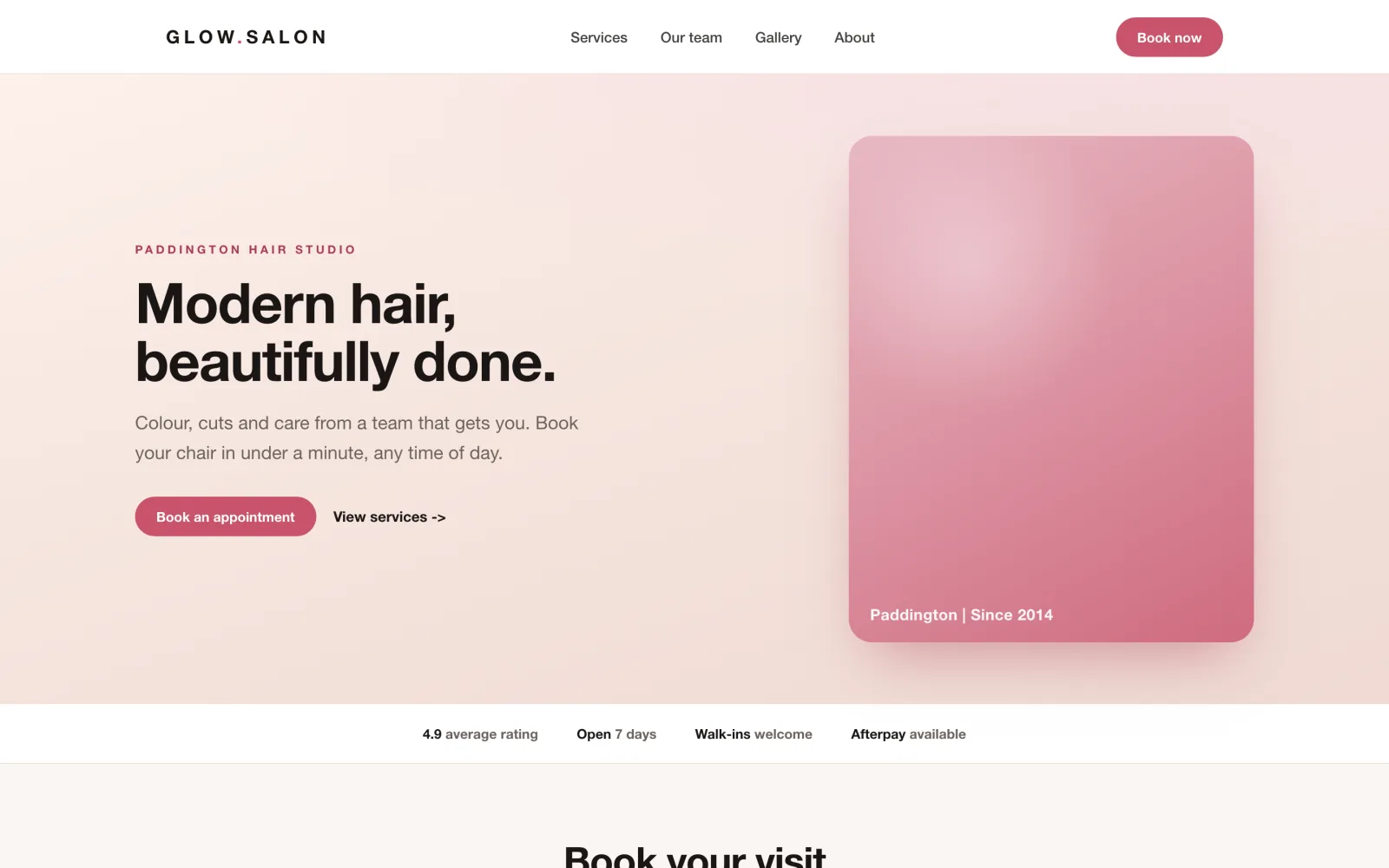 A salon website built in AppFlow, on its own domain, with a Book now button in the header