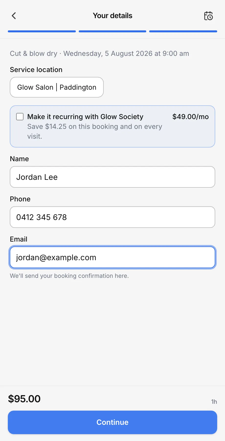 A checkout screen showing the make-it-recurring upsell and the option to join a plan, with the inline card field for a paid plan