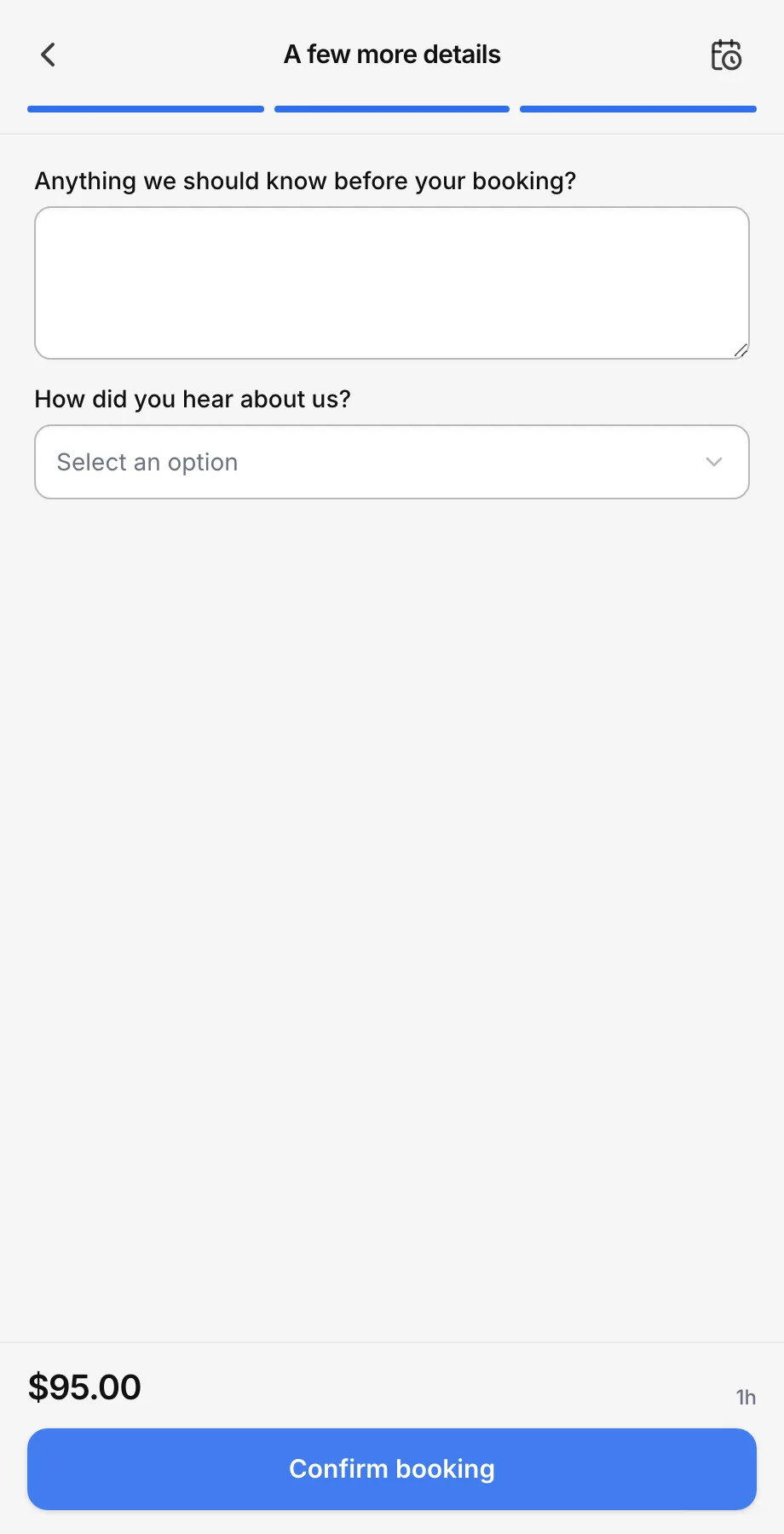 The details step showing intake questions, a notes field, a mobile service address field and a returning-customer code prompt.