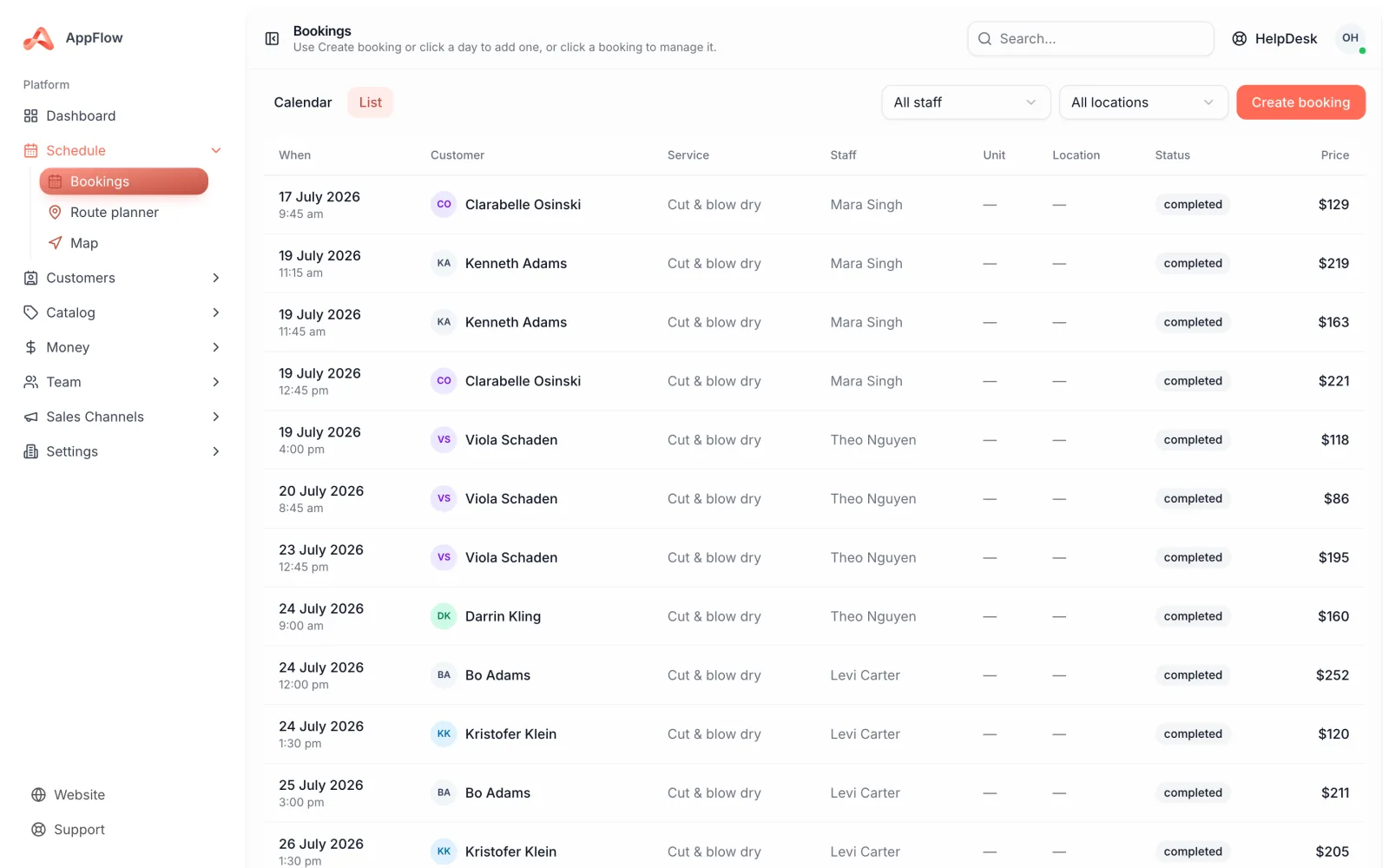 A week of recurring and one-off cleaning jobs listed in the AppFlow booking calendar