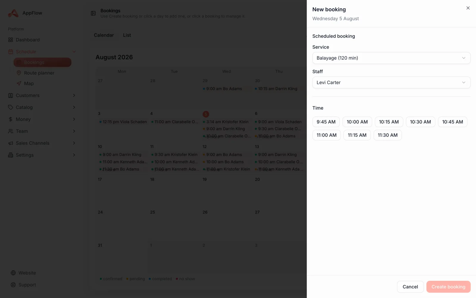 The new booking panel showing service, add-on, staff and time slot selections, with the appointment total updating.