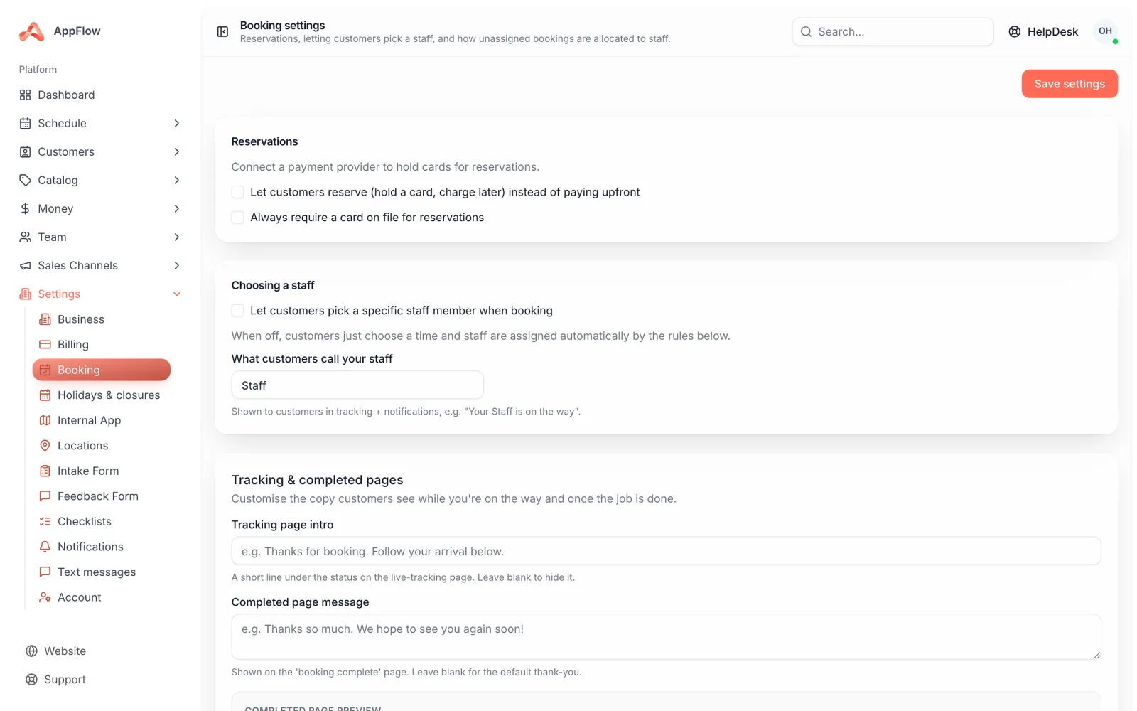 The booking settings panel showing reservation, staff choice and returning customer toggles, plus the job label field