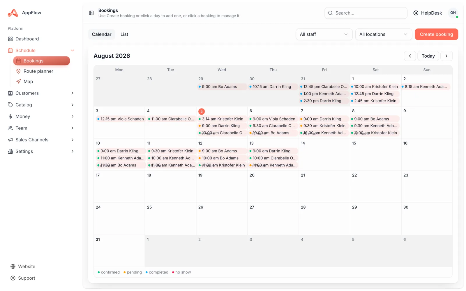 The AppFlow booking calendar showing a day of appointments across staff columns