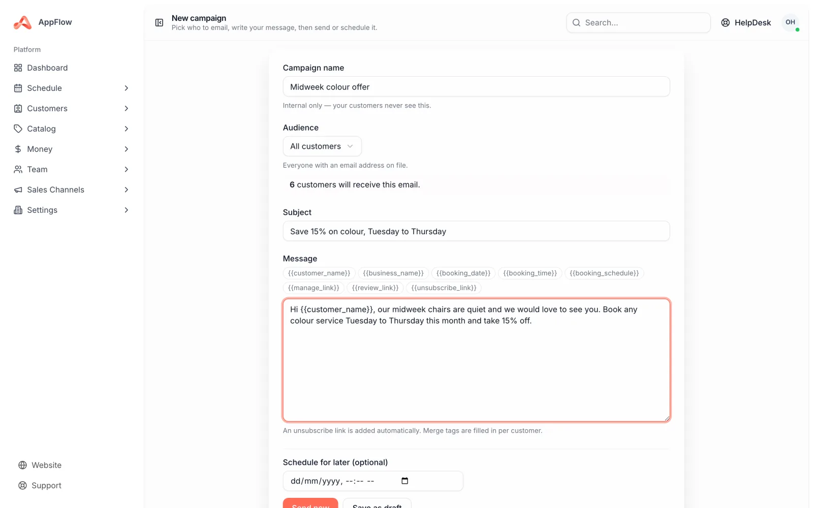 The campaign builder showing a segment selected, the live audience count, the subject line and message body with a merge tag, and the send, schedule and save draft options.