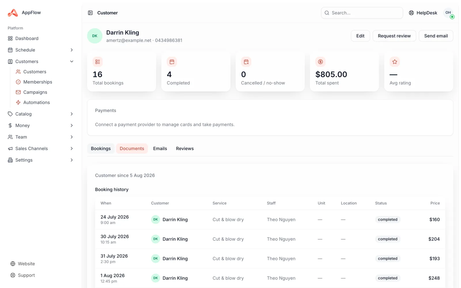 A customer profile showing lifetime stats across the top, the booking history below and the customer's reviews tied to each visit.