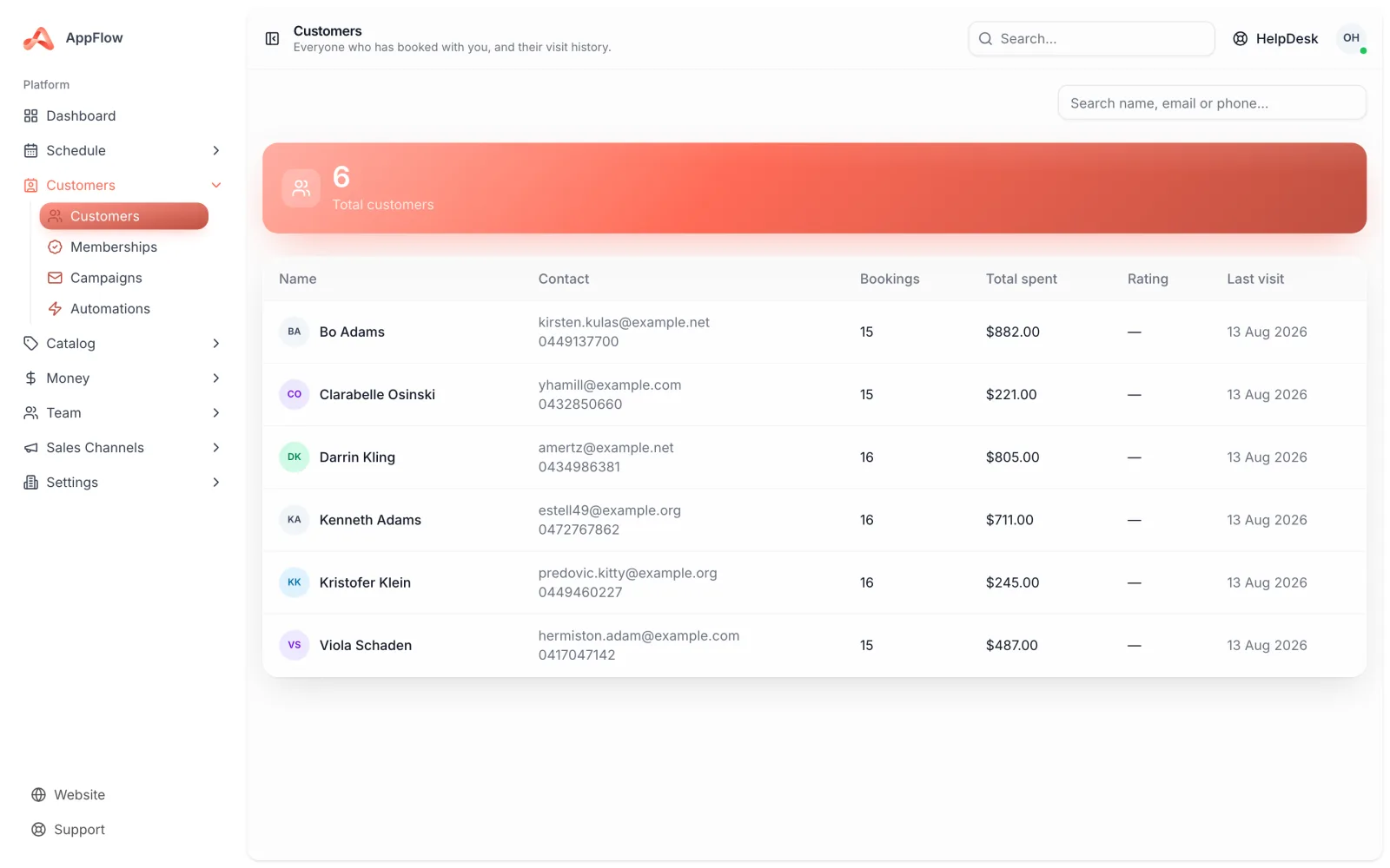The AppFlow customer list showing contact details and booking history