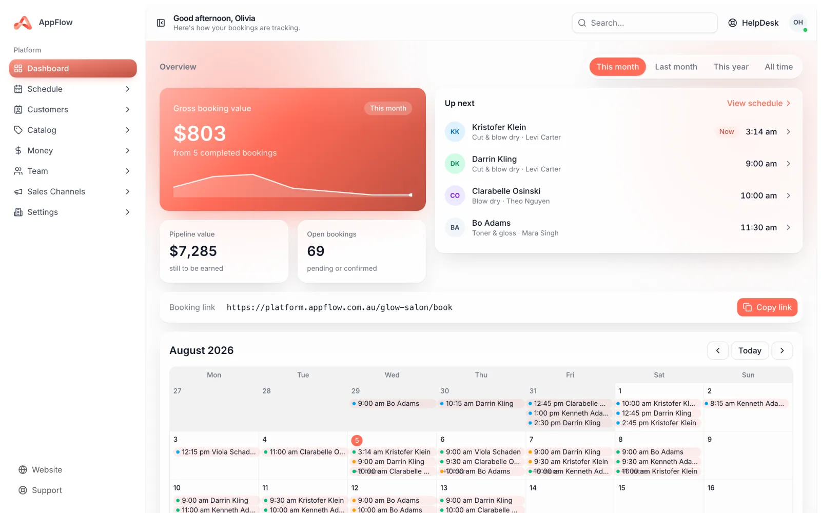 The AppFlow dashboard showing today's jobs, revenue and new bookings for a service business