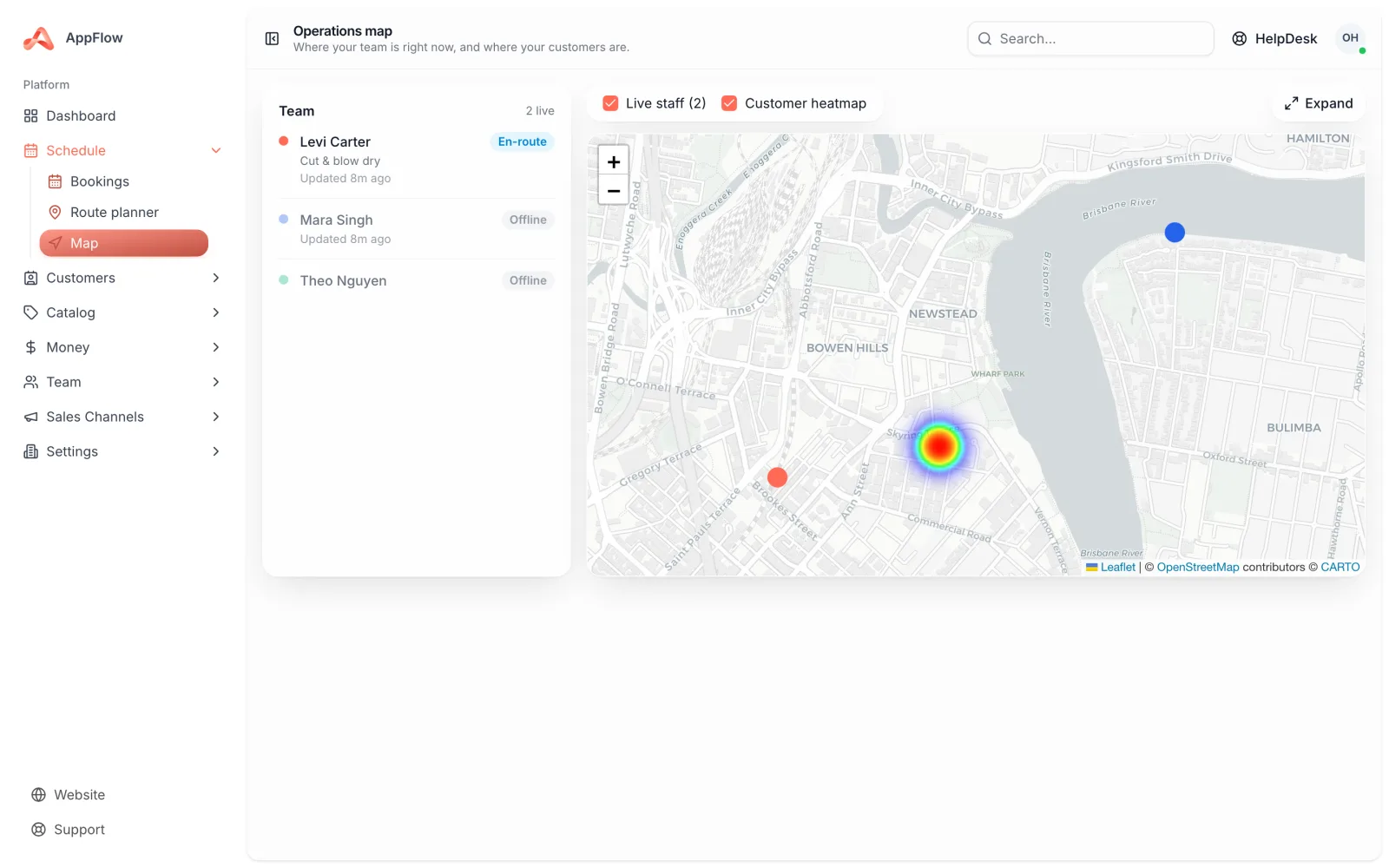 The AppFlow live map showing staff locations and the jobs assigned to them