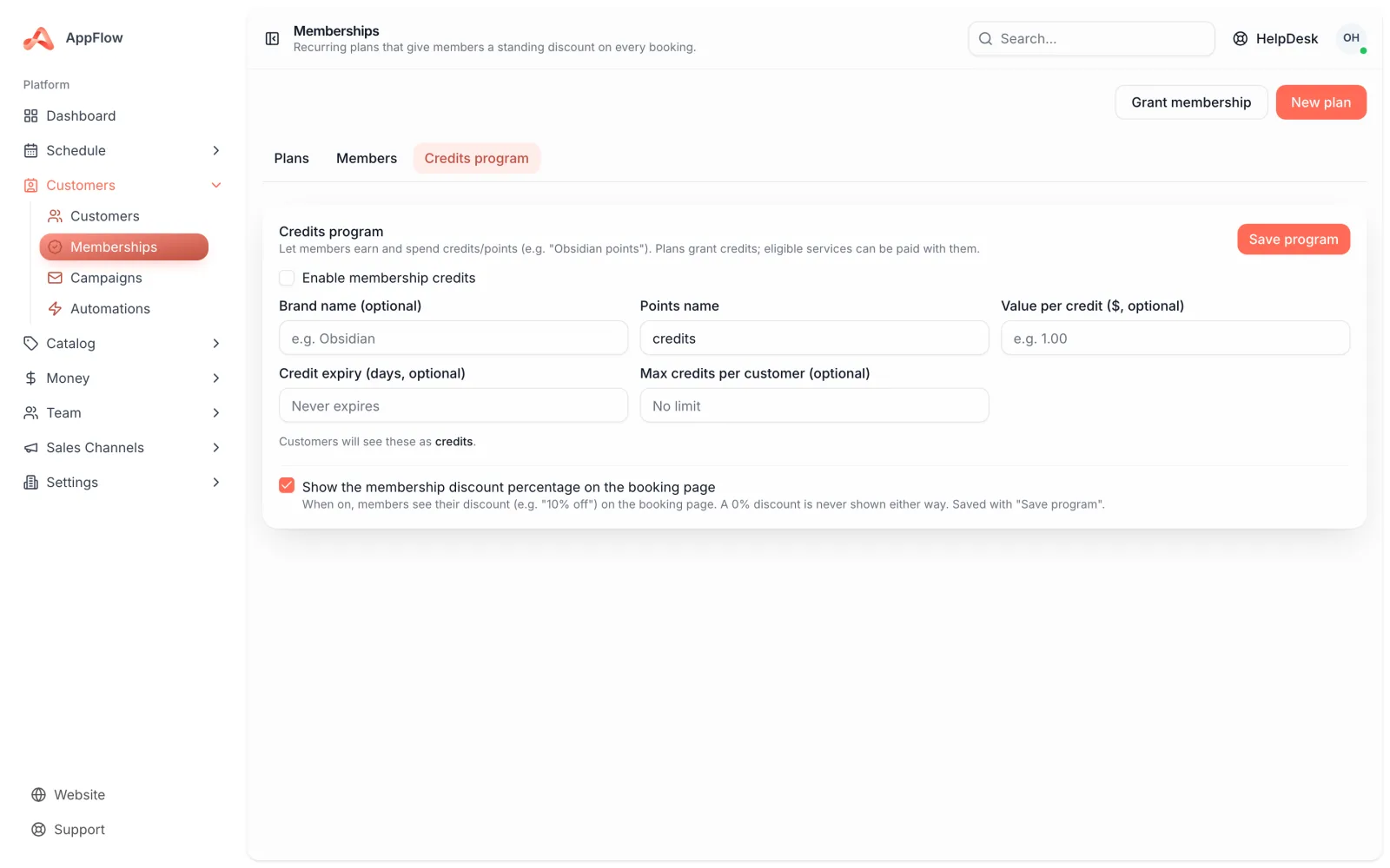 The credits programme setup with the branded programme name, dollar value per credit, expiry setting and per-customer cap