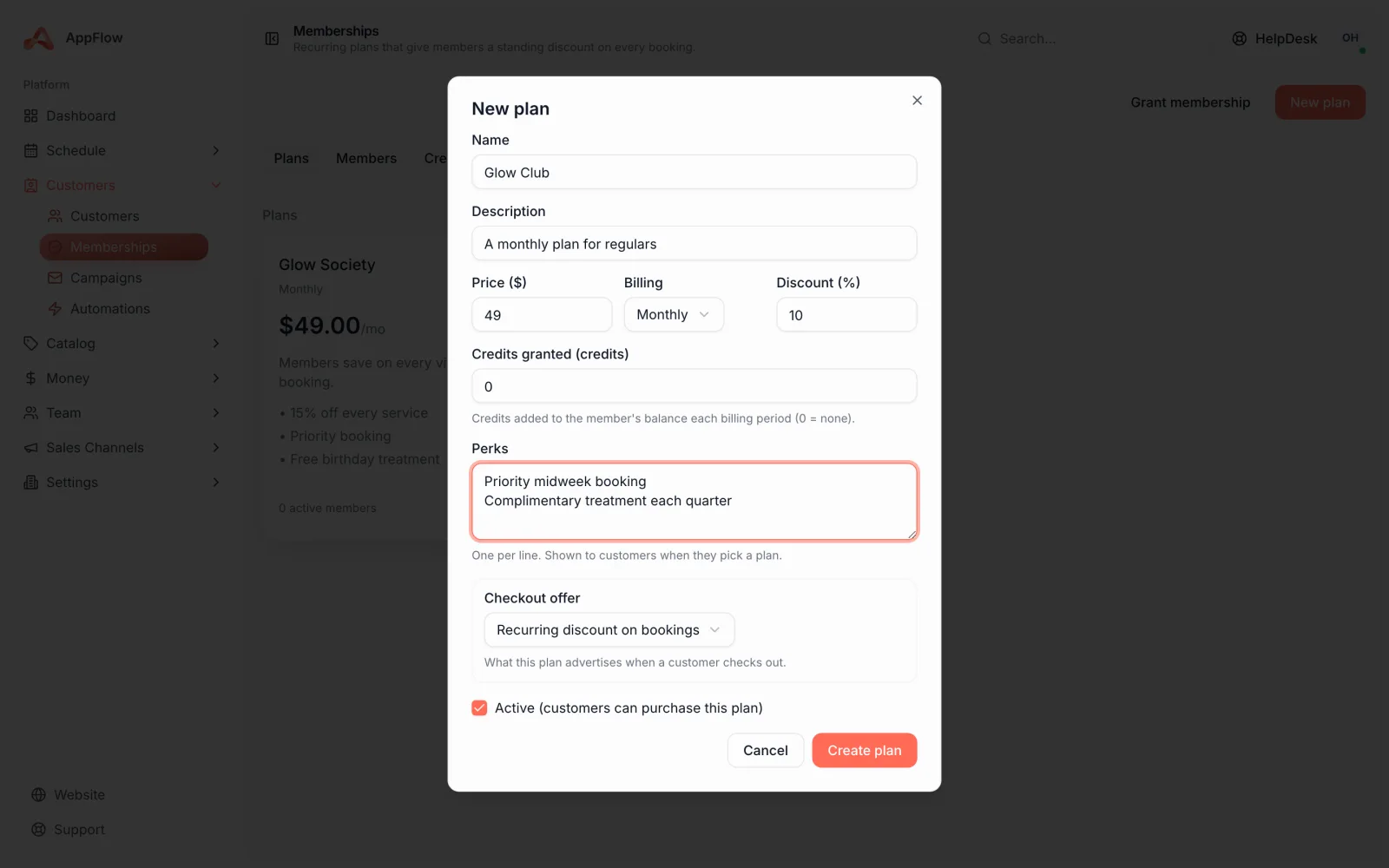 The Create plan screen showing the plan name, the monthly, yearly and one-off payment options, and the member discount field