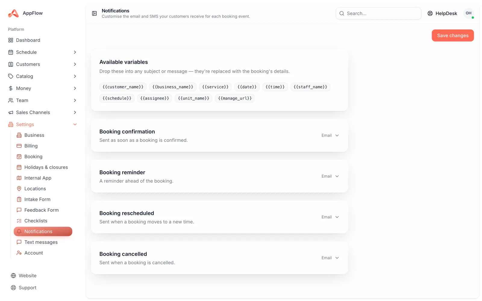 The templates screen with the four booking events listed and one open for editing, showing the email and SMS versions side by side with merge tags inserted.