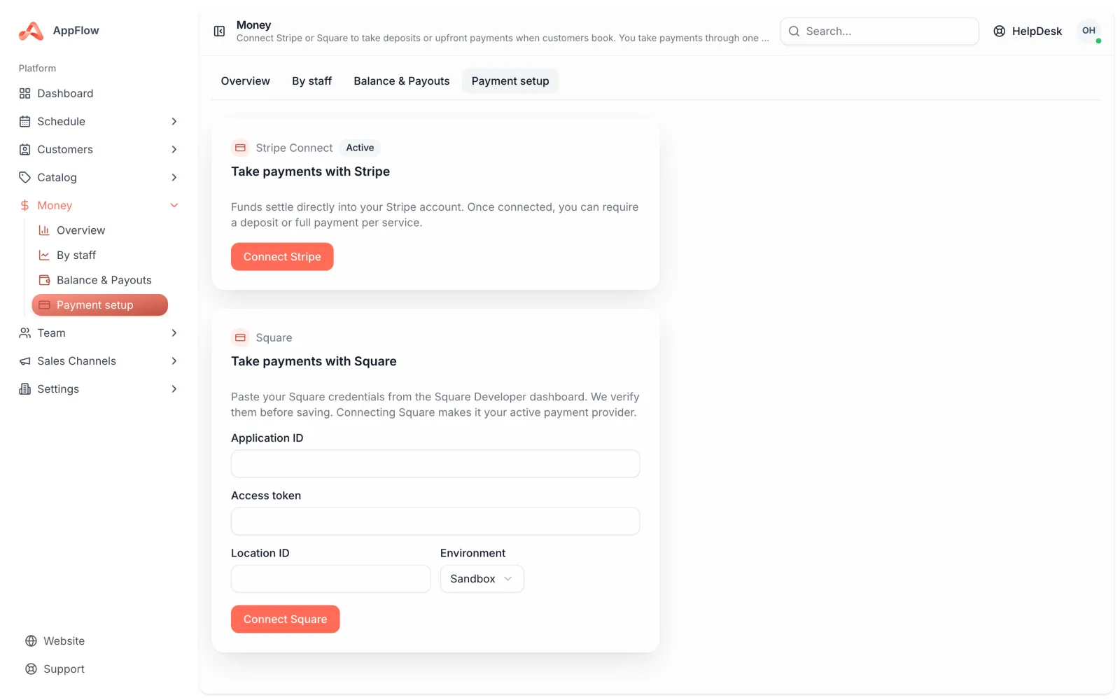 AppFlow payment settings, where deposits and balances are configured for each service