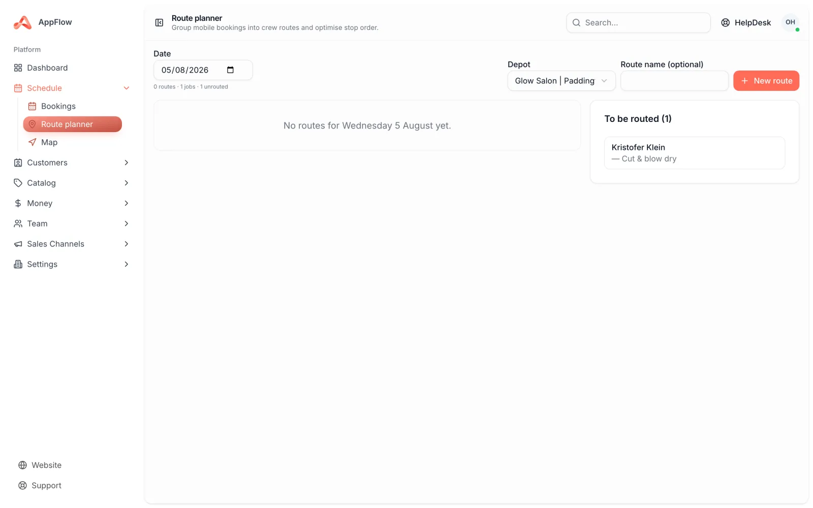 AppFlow scheduling mobile trade call-outs around travel time on the route planner
