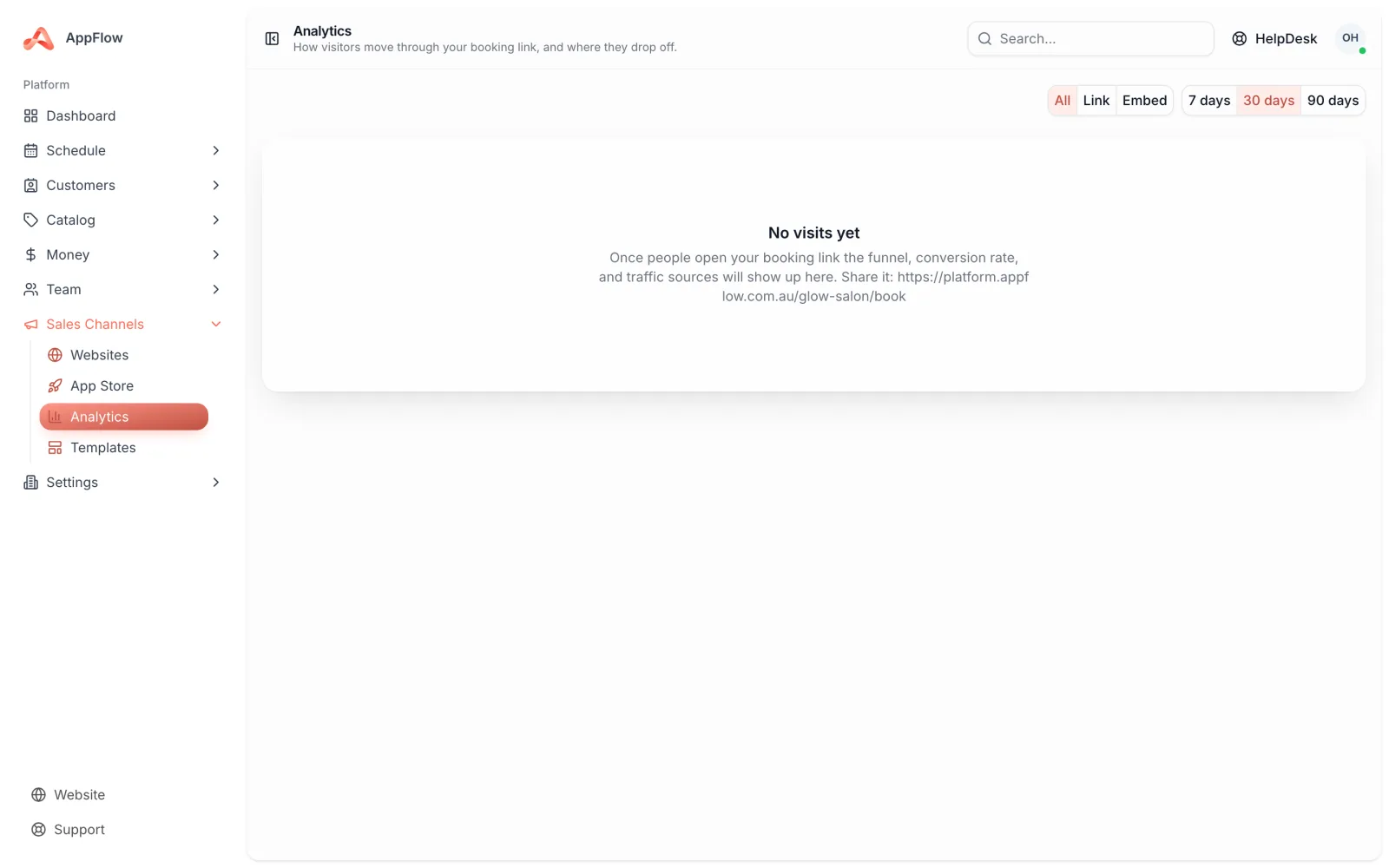 The channel analytics view with sessions, conversion rate and a booking funnel showing drop-off at each step.