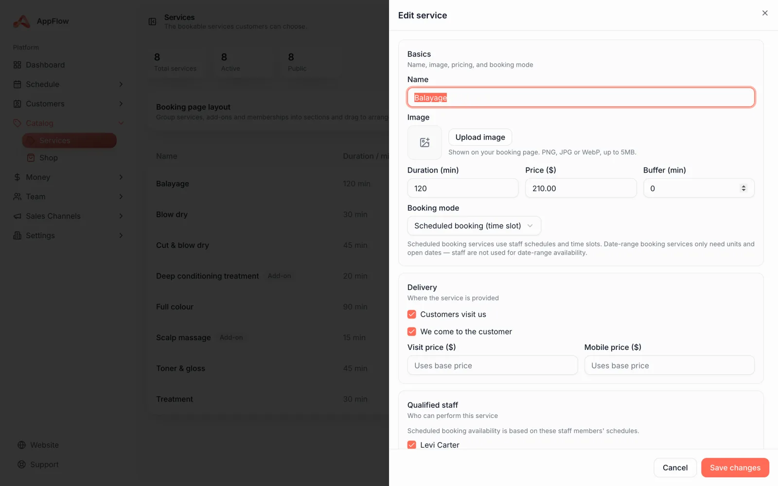 A service being edited, showing the image upload, duration, price, buffer time and payment rule fields