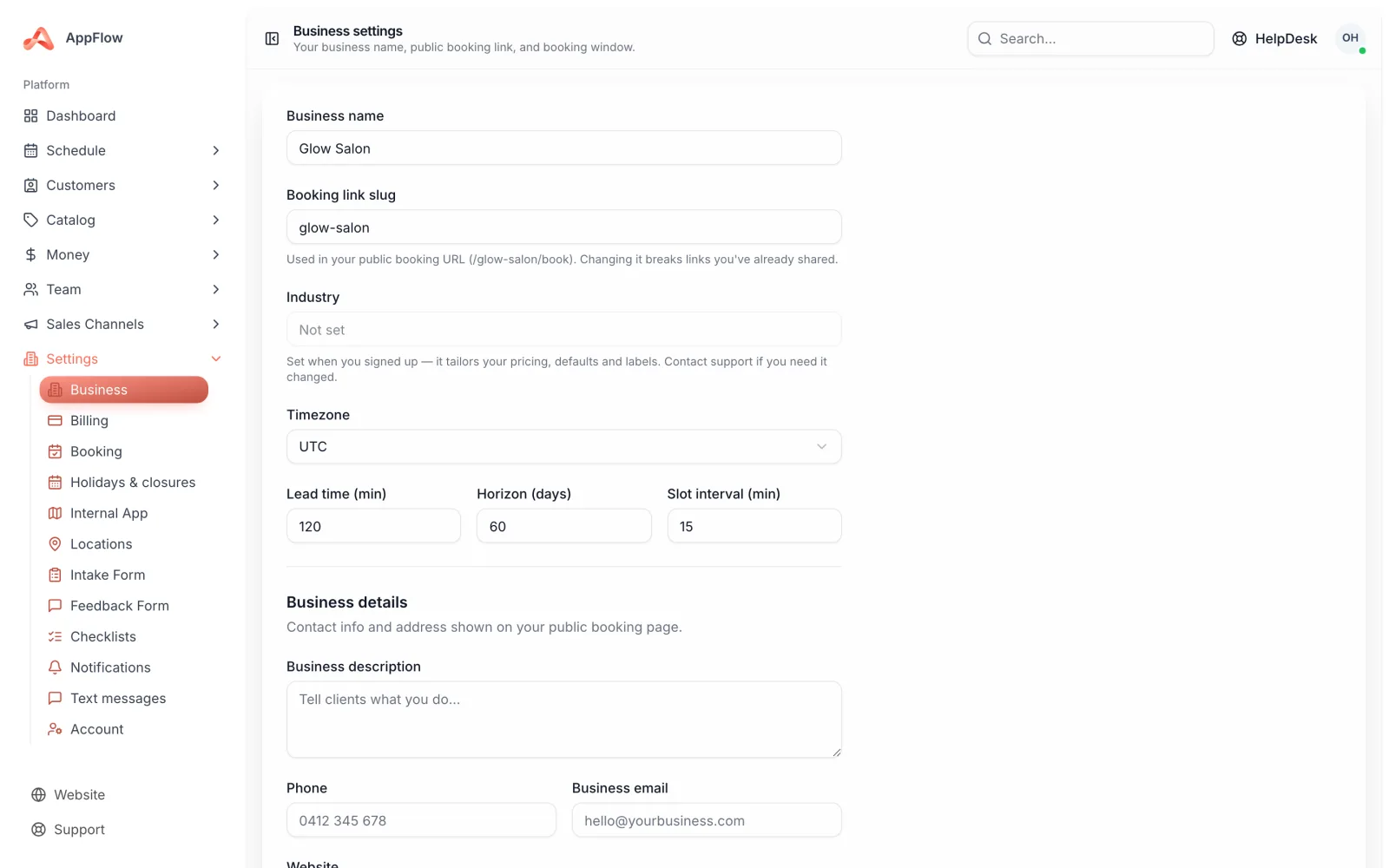 The business settings screen with fields for name, booking link slug, timezone and booking window
