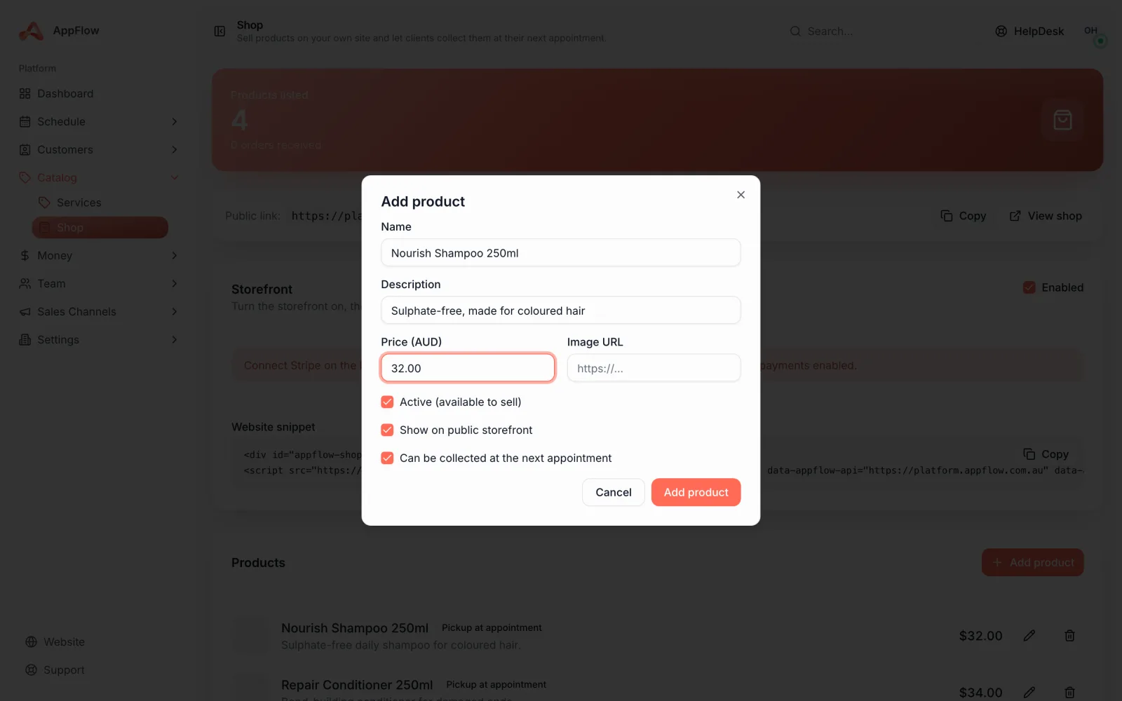 The add-product form with an image, price, description and the visible toggle filled in.