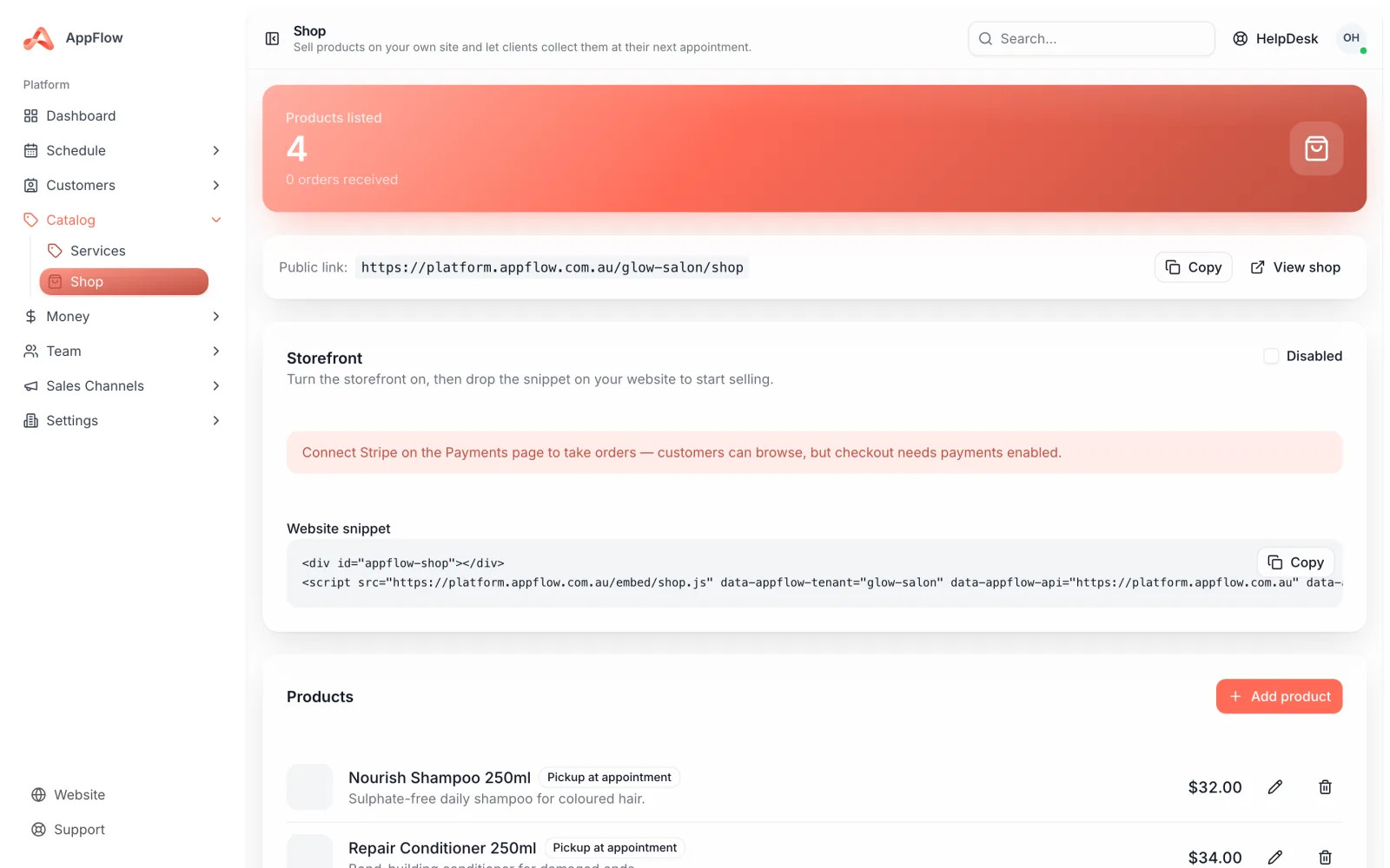 The Online shop section in Settings, showing the product list, the storefront on/off toggle and the embed snippet.