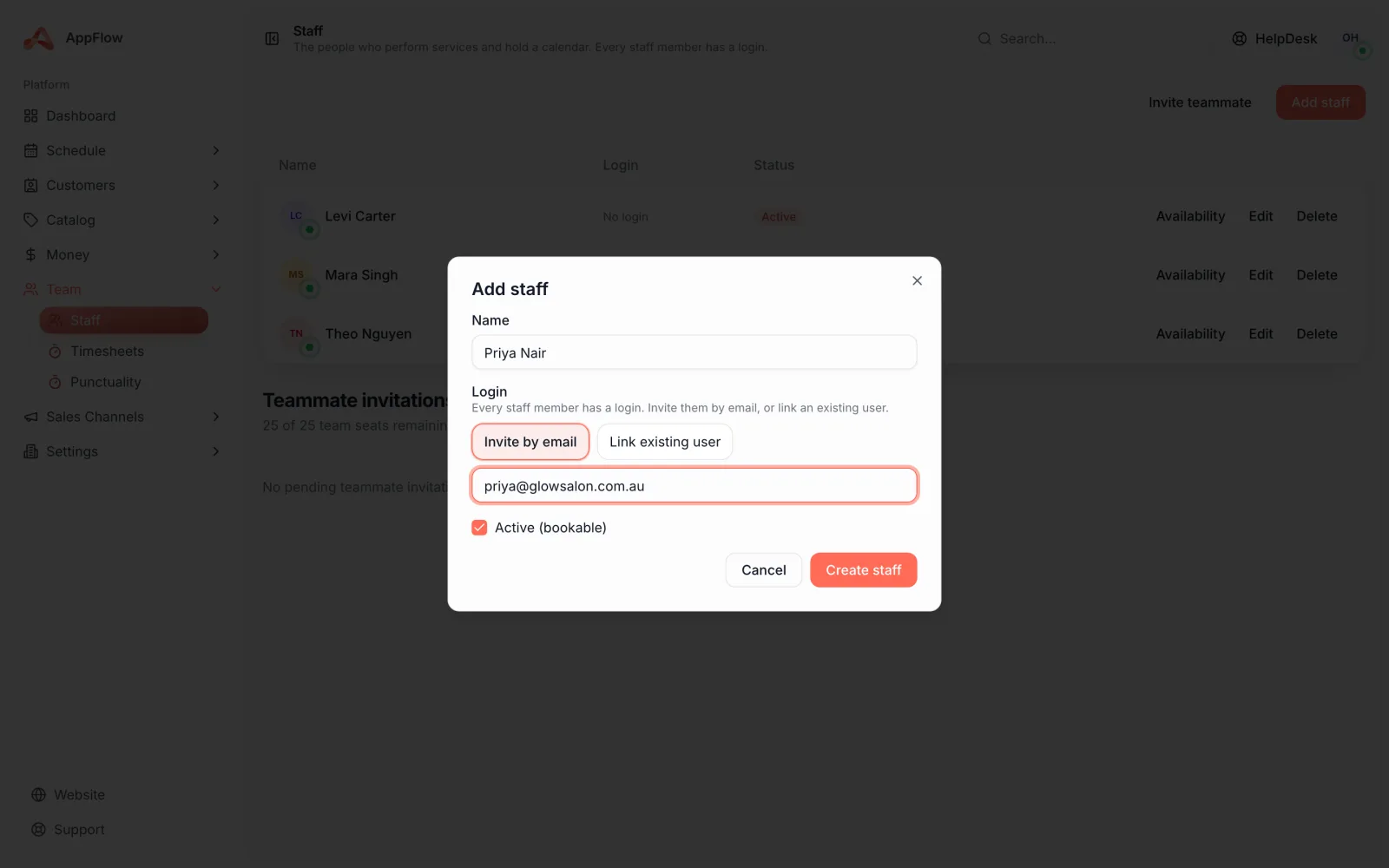 The Team settings screen showing the Add team member form with name, contact details and the invite-to-login option