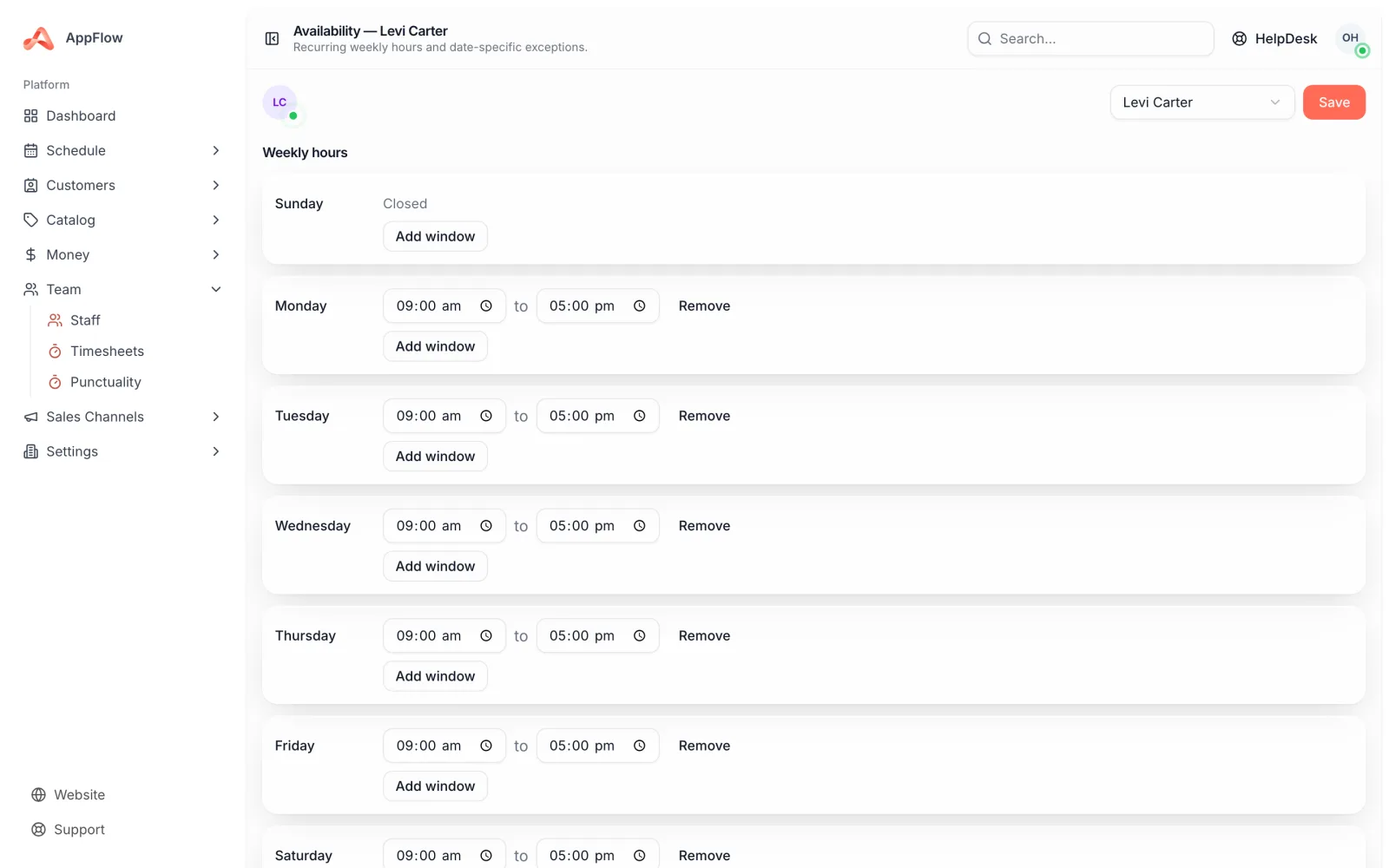 The scheduling screen showing recurring weekly hours on the left and a date-specific exception being added on a calendar